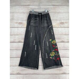 YesNo Floral Embroidered Rough Seam Pull On‎ Denim Jeans Women's M Gray/Black